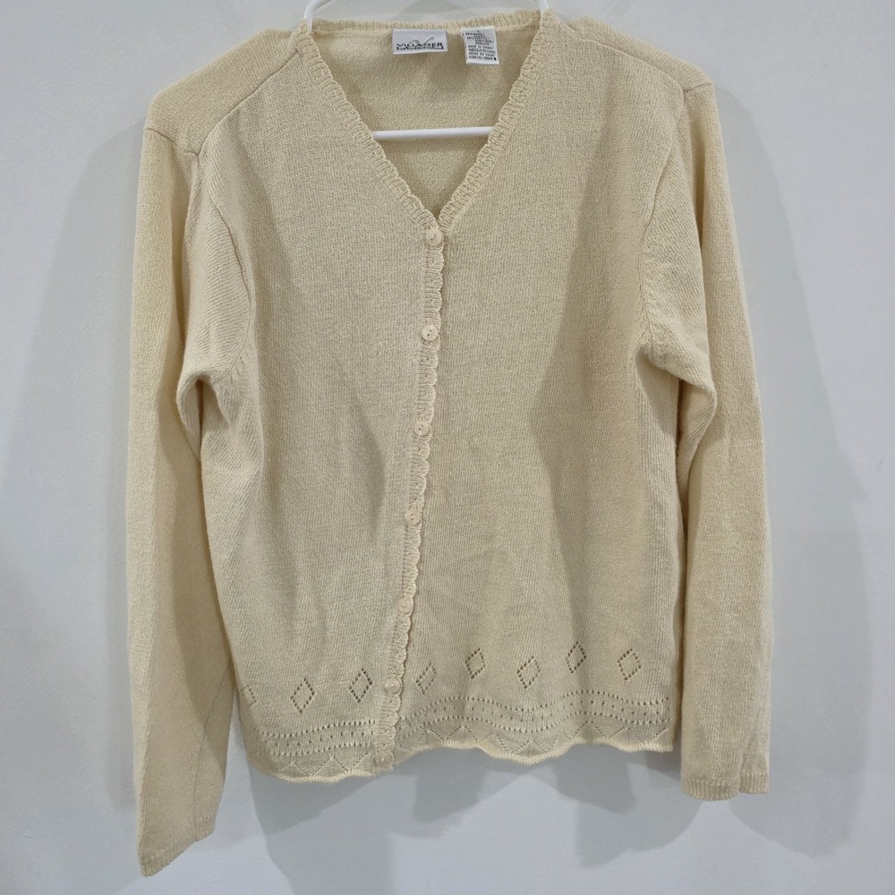 Vintage Womens Villager Cardigan Pointelle Knit Light‎ Yellow Size Large Granny